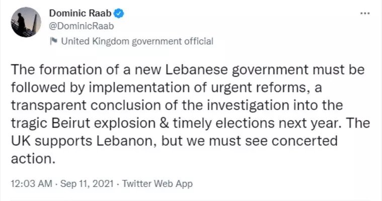 اعلام حمایت مشروط انگلیس از دولت جدید لبنان
