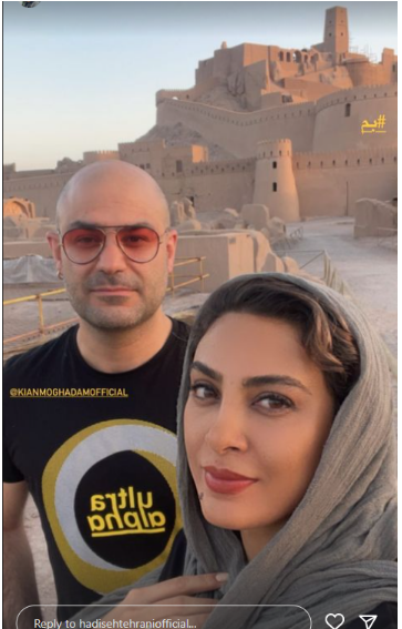 عکس یادگاری حدیثه تهرانی و همسرش با بنا‌های تاریخی بم