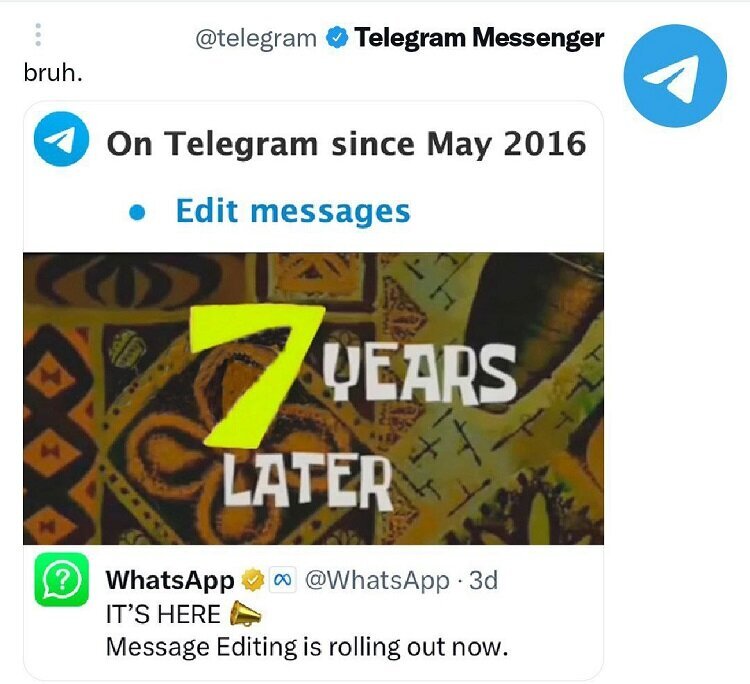 طعنه خنده دار تلگرام به واتساپ برای اپشن جدیدش/بعد از ۷ سال!