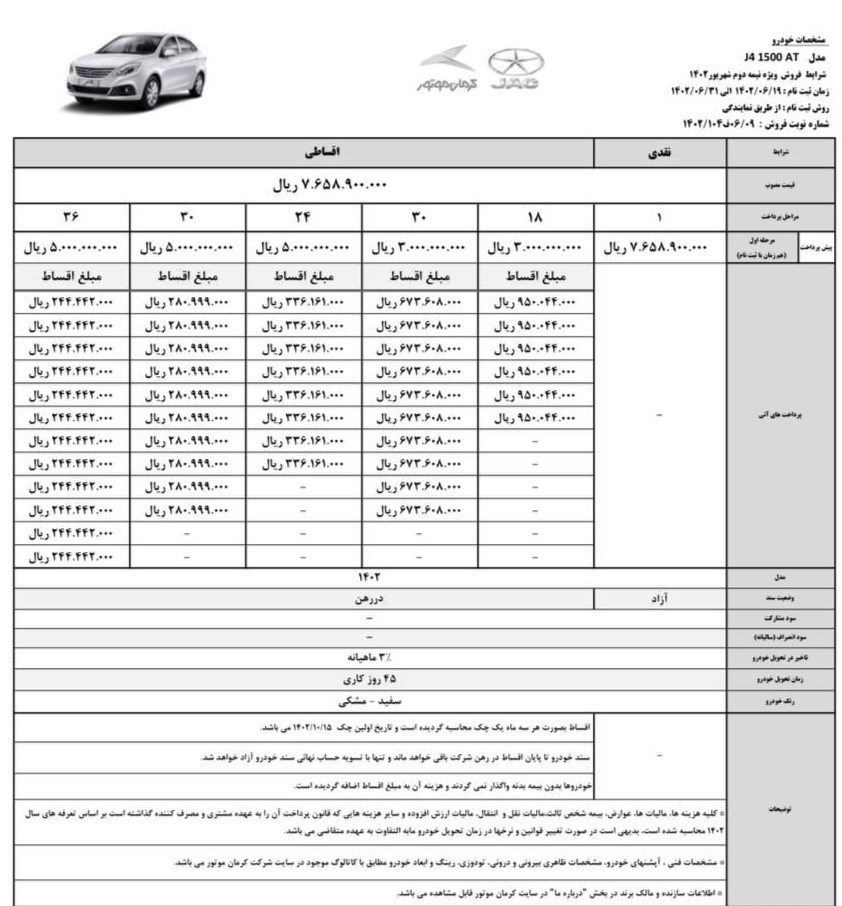 شرایط فروش نقد و اقساط جک J ۴ (شهریور ۱۴۰۲) + جدول