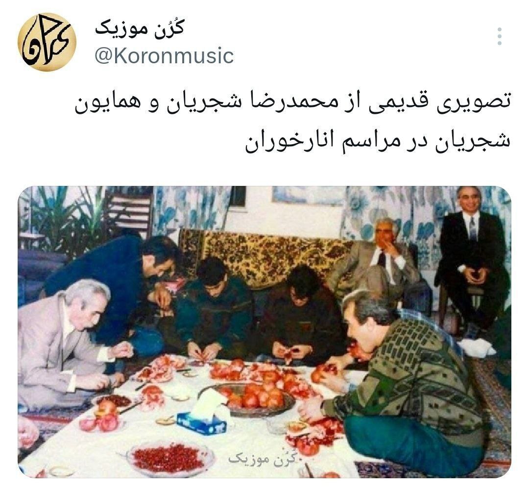 عکس غافلگیر کننده و پدر پسری محمدرضا شجریان و همایون شجریان در حال انار خوردن!
