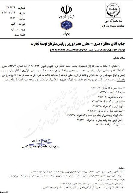 صادرات سیب زمینی به مدت ۲ ماه ممنوع اعلام شد