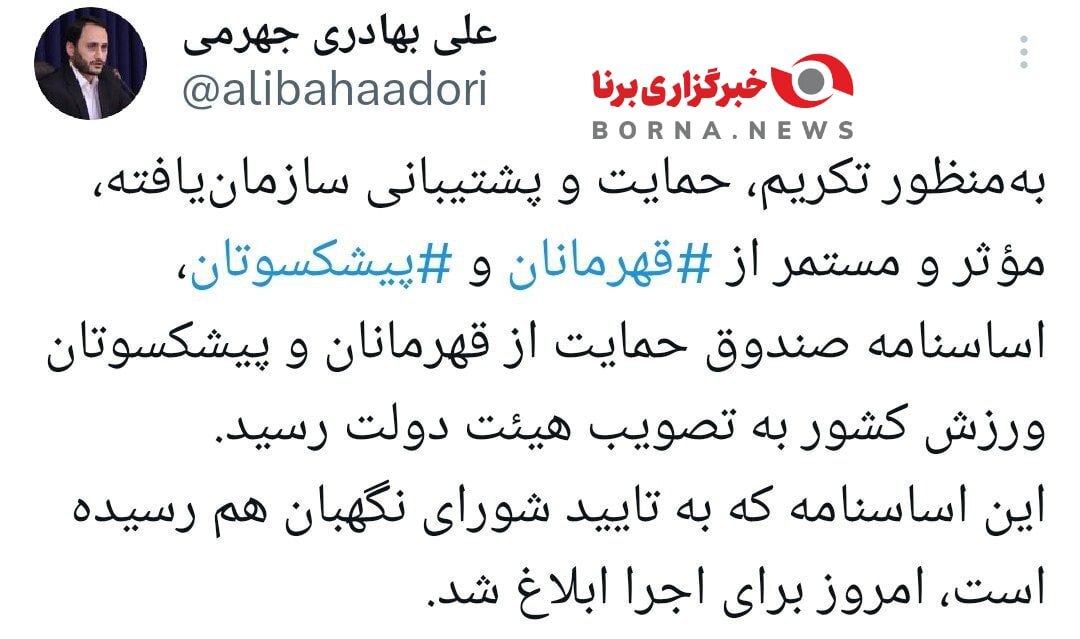 بهادری جهرمی: اساس‌نامه صندوق حمایت از قهرمانان و پیشکسوتان به تصویب هیات دولت رسید