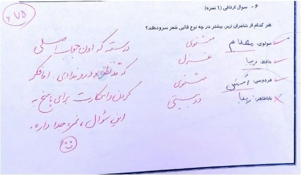 خلاقیت یک دانش آموز در پاسخ به برگه امتحانی و واکنش معلمش جلب توجه کرد/قالب شعر فردوسی اکشن؟!
