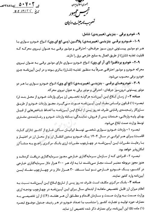 حقوق ورودی واردات انواع خودروی سواری در سال ۱۴۰۴ ابلاغ شد