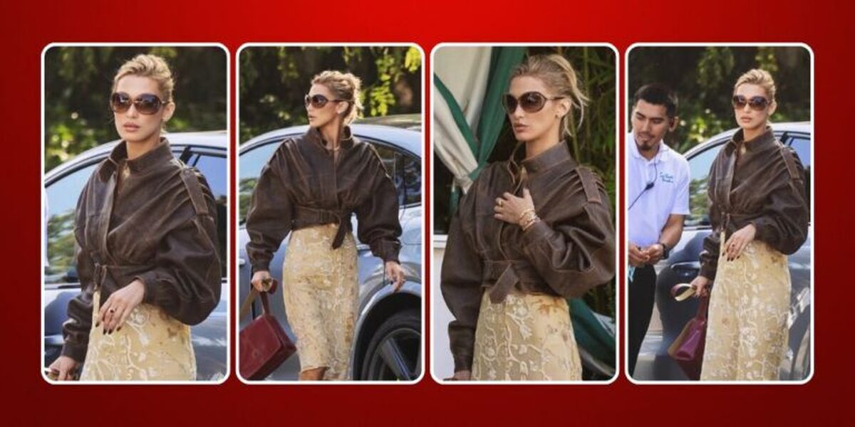 بلا حدید با دامن و کاپشن چرم قهوه‌ای برای رفتن به جلسه کاری آماده شد!