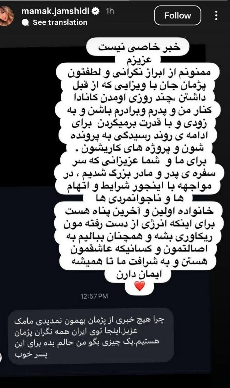 واکنش خواهر پژمان جمشیدی به حواشی سفر برادرش به کانادا/ عکس واکنش خواهر پژمان جمشیدی به حواشی سفر برادرش به کانادا/ عکس