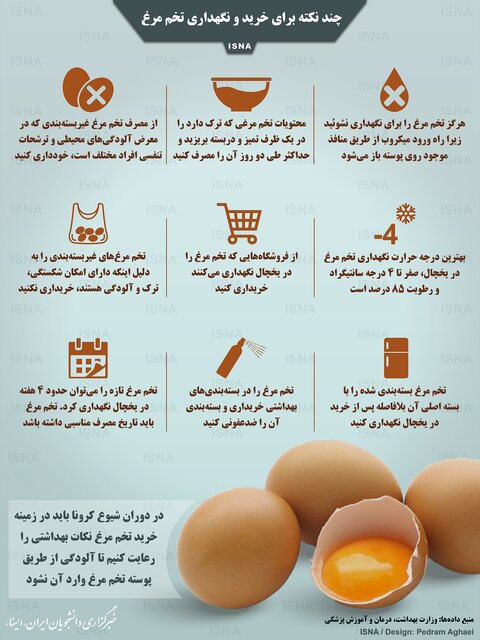 چند نکته برای خرید و نگهداری تخم مرغ  برخلاف تصور برخی، پوست تخم مرغ می‌تواند آلودگی‌های محیط بیرون را به داخل خود راه بدهد و بدین ترتیب، محتویات تخم مرغ را آلوده کند. در دوران شیوع کرونا نیز باید بیش از پیش در زمینه خرید تخم مرغ (همچون بسیاری دیگر از مواد غذایی) نکات بهداشتی را رعایت کنیم تا آلودگی از طریق پوسته تخم مرغ وارد آن نشود. در این اینفوگرافیک به چند راه ساده برای خرید و نگهداری تخم مرغ اشاره شده است. 